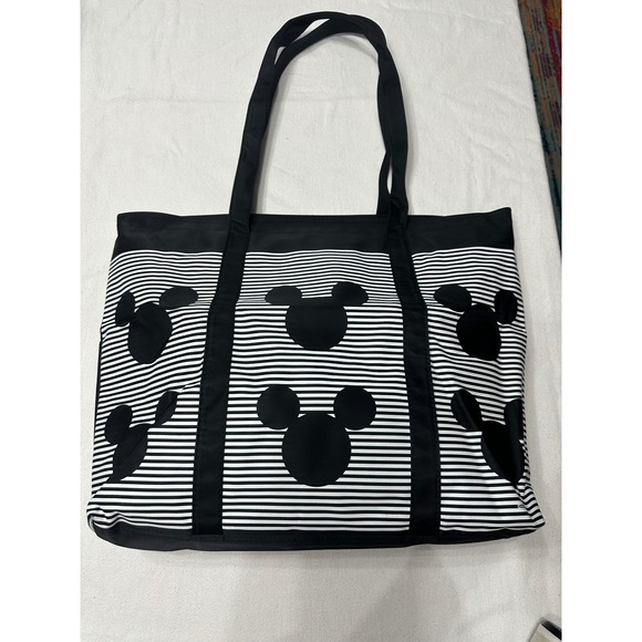 Disney Mickey Mouse Zippered‎ Tote Bag Mickey Heads Stripes Black White Nylon - Picture 1 of 9